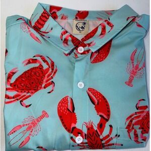 Hardaddy Mens XL Lobster Crab Print Button Down Shirt Turquoise Short Sleeve